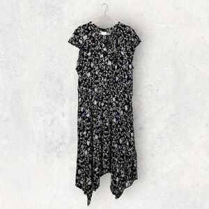 NWT Knox Rose Midi Dress Black Floral Print Tie Neck Smocked Waist, Size 2X